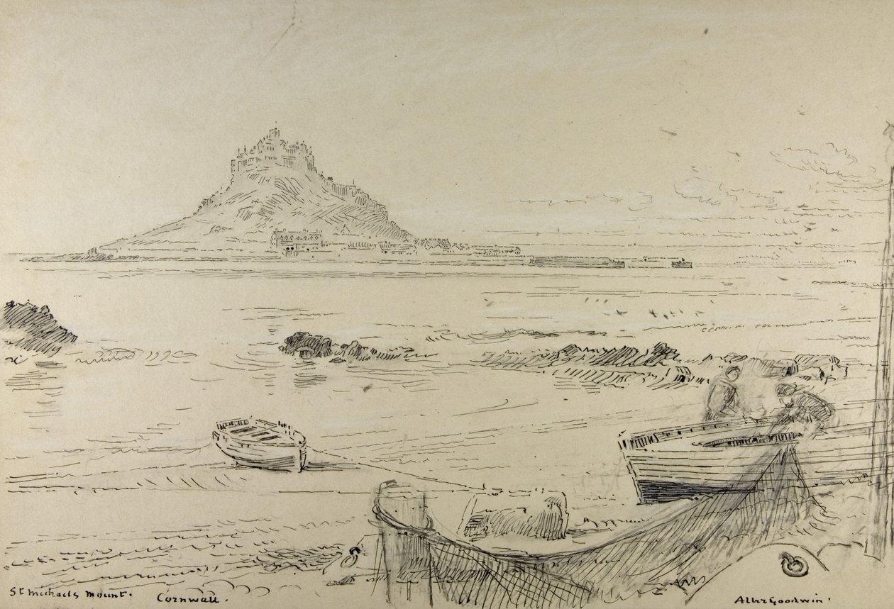 جبل سانت مايكل ، كورنوال ، حوالي 1870-1880 (قلم رصاص وحبر وقلم تلوين على السبورة) بواسطة ألبرت جودوين