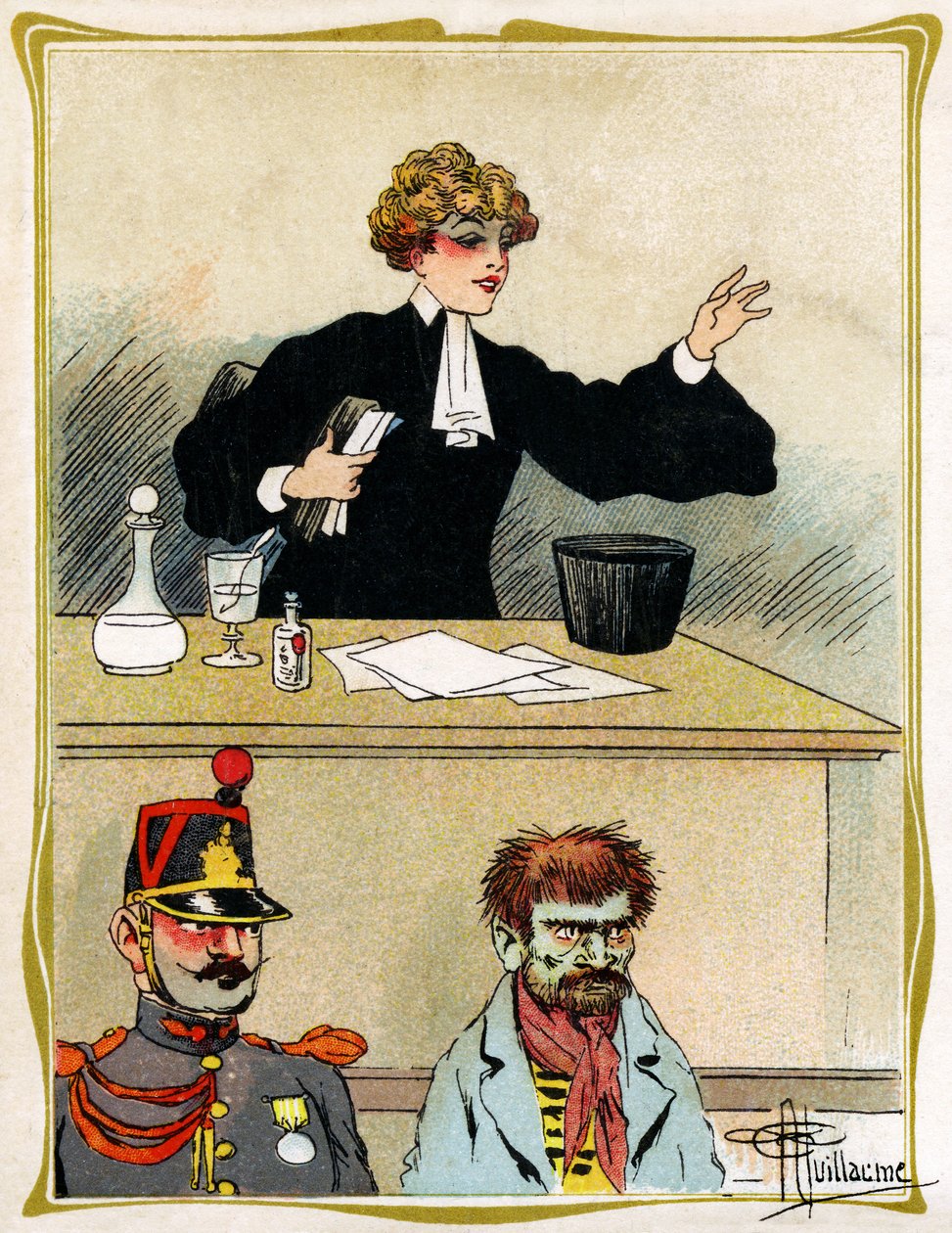 محامية ذات وجه جميل ، تتوسل وتدافع عن موكلها ، تبدو صبورة. اعلان ونقش 1902-1903 بواسطة ألبرت غيوم