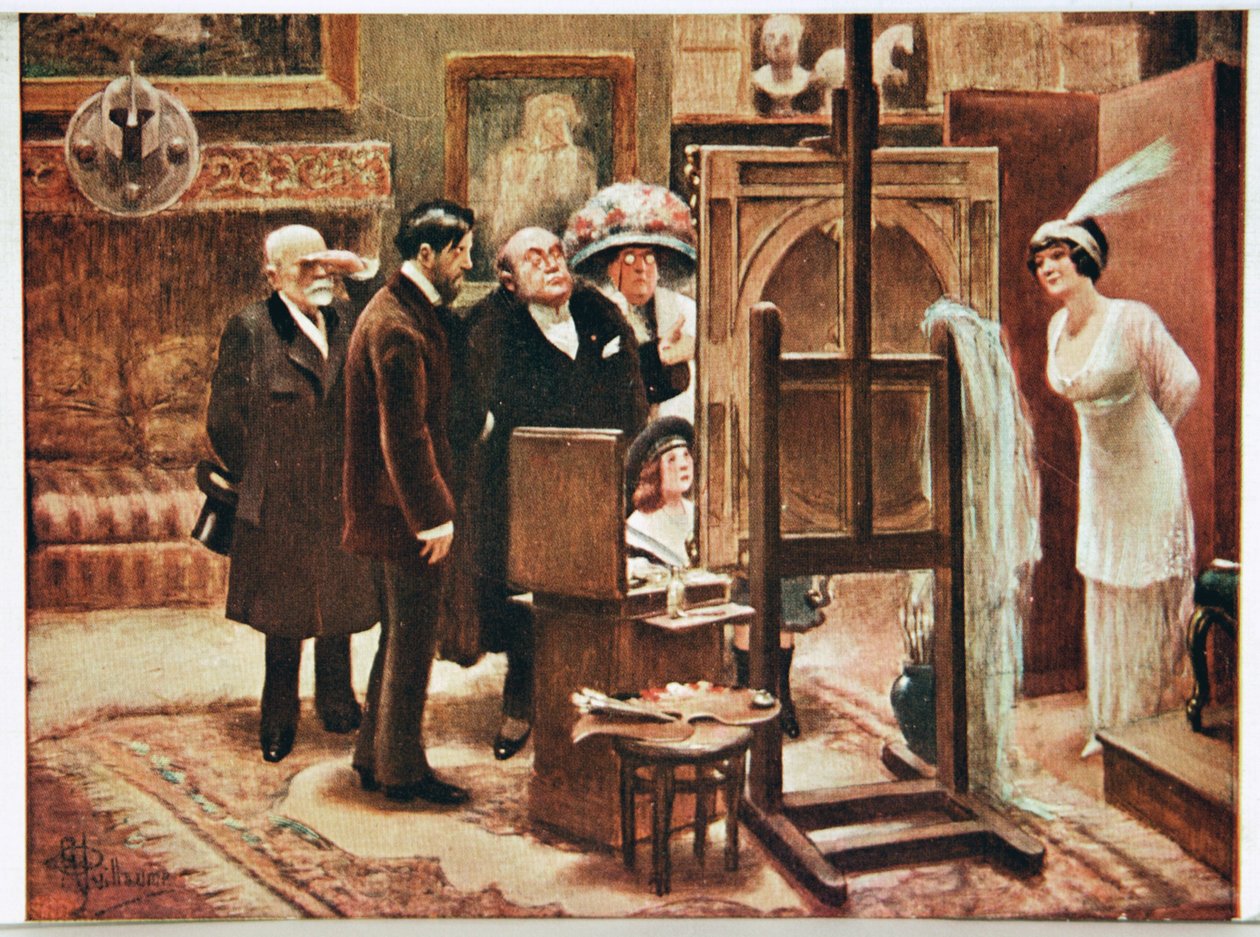 فن. الفنون الجميلة. الرسام يظهر خليقته. بطاقة بريدية من ألفريد غيوم ، فرنسا ، حوالي عام 1920 (بطاقة بريدية) بواسطة ألبرت غيوم