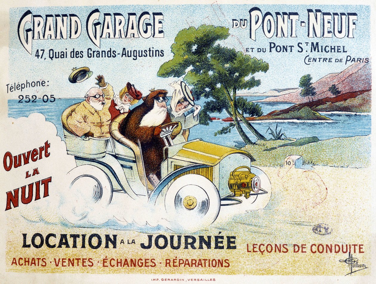 Grand Garage du Pont-Neuf: تأجير ، دروس في القيادة ، شراء ، مبيعات ، تعويضات - ملصق إعلاني بواسطة Albert Guillaume (1873-1942) ، حوالي عام 1900 بواسطة ألبرت غيوم