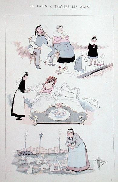 "The Rabbit over the Ages" ، رسم كاريكاتوري أُعيد إنتاجه في "Faut Voir" ، وهو ألبوم لعمل الفنان ، حوالي 1900 (لون ليثو) بواسطة ألبرت غيوم