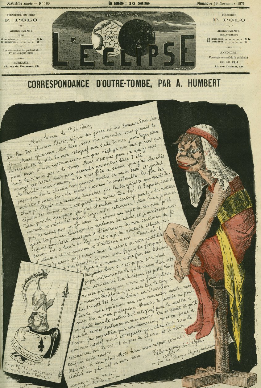 مراسلات من القبر ، تليمق بن أوليسيس يكتب إلى رئيس الجمهورية. رسم ليحل محل الرسوم الكاريكاتورية لجيل سينسيوري. غلاف في "L'Eclipse" بقلم أ. هامبرت ، 19 نوفمبر / تشرين الثاني بواسطة ألبرت هامبرت