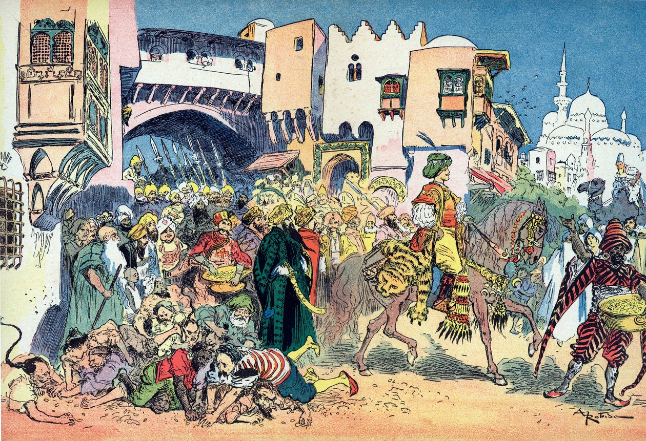 علاء الدين يركب في شوارع المدينة ويرمي المال عليه رسم توضيحي لألبرت روبيدا (1848-1926) لقصة "علاء الدين والمصباح الرائع" في "" les mille et une nuits "(رسم توضيحي لحكاية" "علاء الدين" "في كتاب ثو الواحد بواسطة ألبرت روبيدا