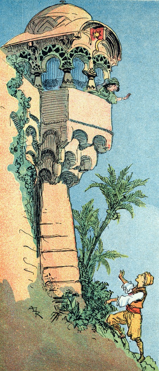 يجد علاء الدين قصره وزوجته رسمًا توضيحيًا لألبرت روبيدا (1848-1926) لقصة "علاء الدين والمصباح الرائع" في "" les mille et une nuits "في" كتاب ألف ليلة وليلة "أو" الليالي العربية " " بواسطة ألبرت روبيدا