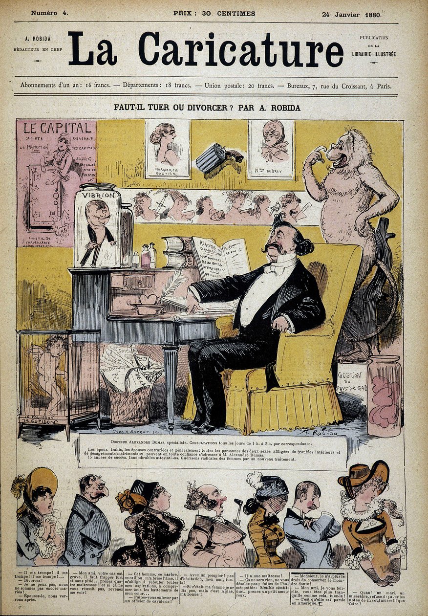 الكسندر دوماس في الطلاق أخصائي بواسطة ألبرت روبيدا (1848-1926) ، كوف. "" الكرتون "24/02/1880. بواسطة ألبرت روبيدا