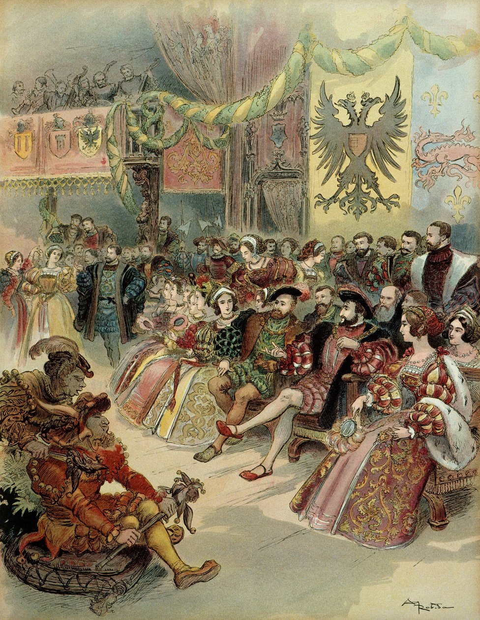 Bal at the court of the king of France, Francois 1st (1494-1547), with the presence of Charles V (1500-1558) king of Spain and emperor of the Holy Roman Empire Germanic, in the castle of Fontainebleau, in 1539. Illustration بواسطة ألبرت روبيدا