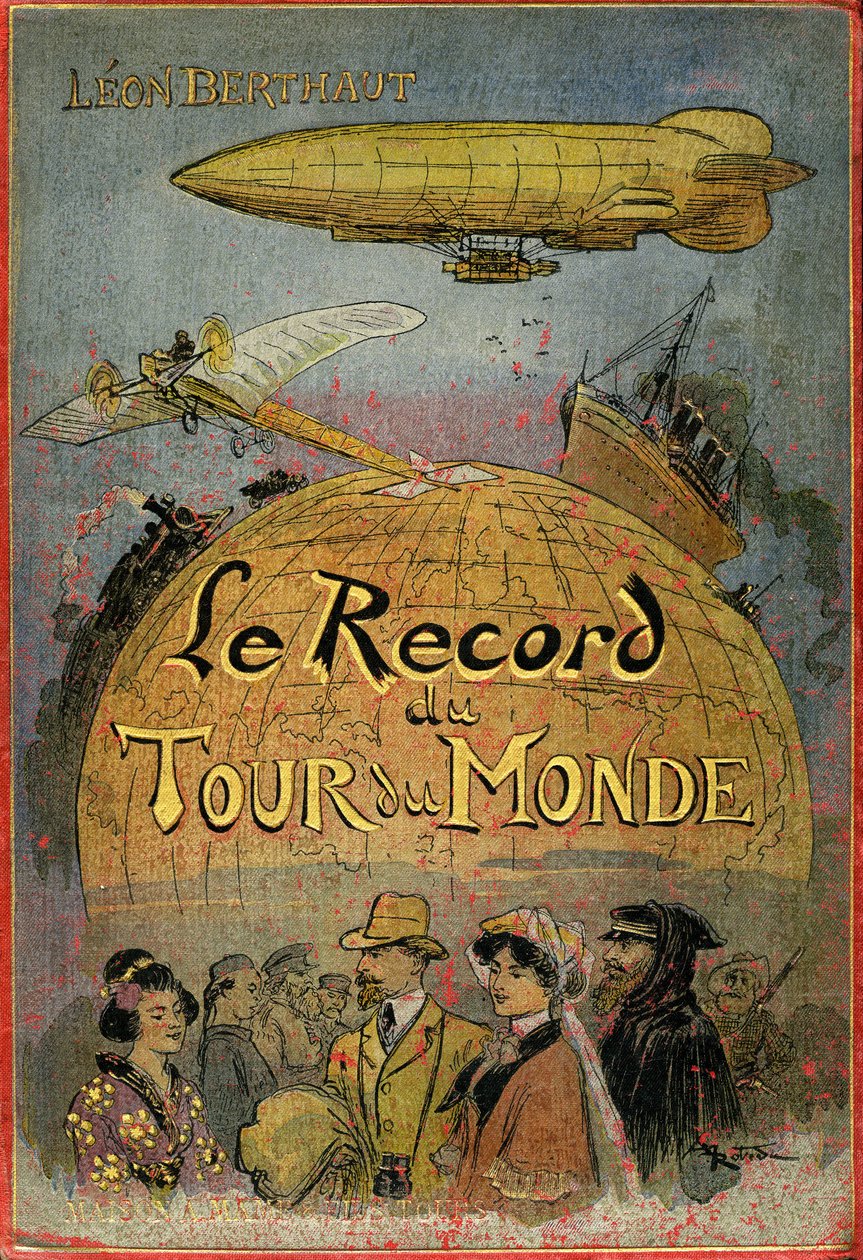 الغلاف الذي رسمه ألبرت روبيدا (1848-1926) لكتاب ليون بيرتولت quot;Le Record du Tour du mondequot;، طبعة مامي لاول مرة في القرن العشرين (1911) - هذه رواية مغامرة quot;julesverneriequot; مستوحاة بقوة من أعمال جول فيرن وكتابه. quot;quot; نادِر بواسطة ألبرت روبيدا