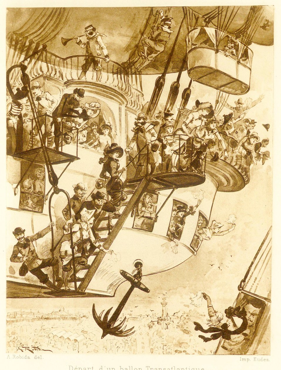 رحيل منطاد عبر الأطلسي ، من Le Vingtieme Siecle ، حانة. 1883 ليثوغراف ، 1883. بواسطة ألبرت روبيدا