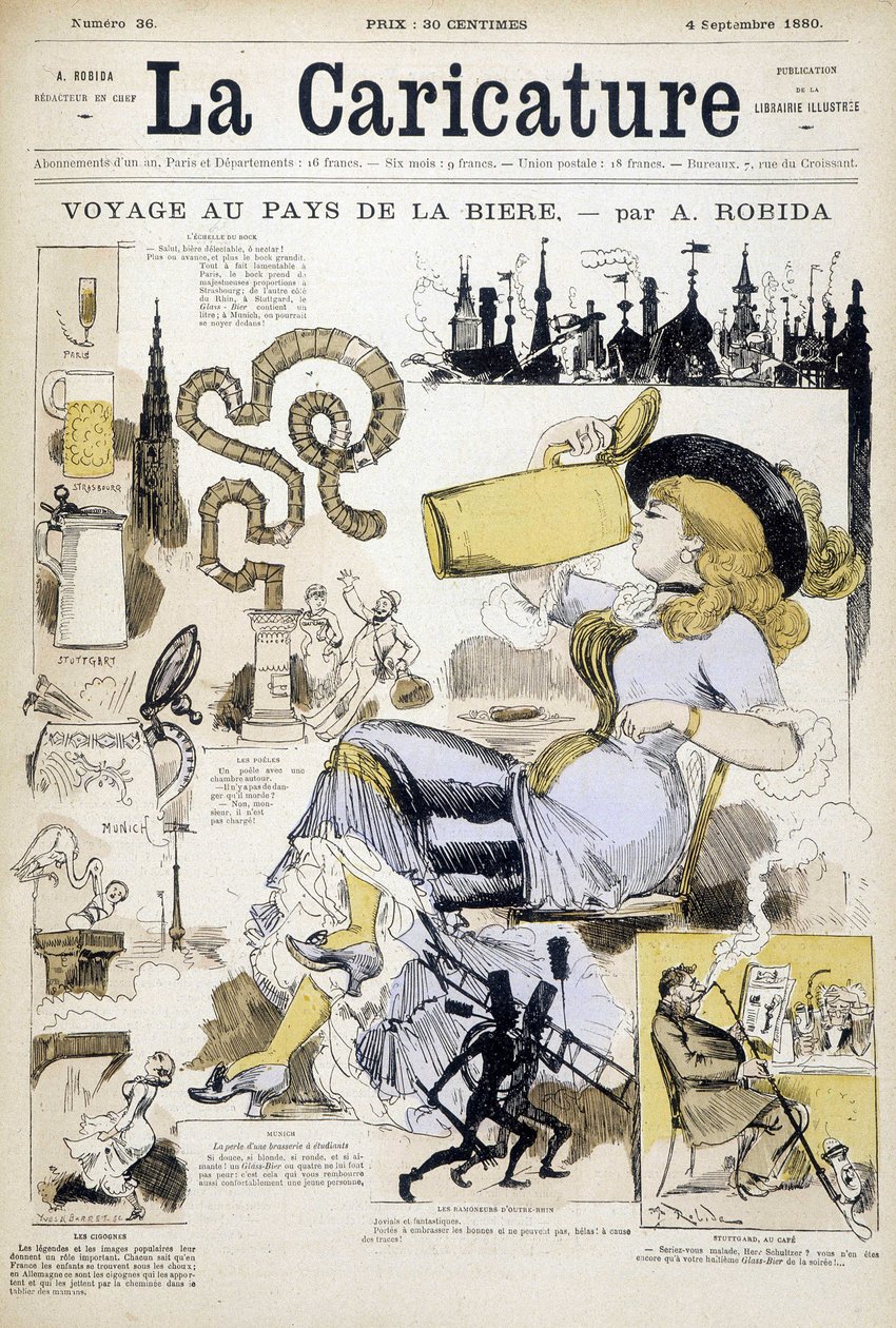 تحرير مع امرأة تشرب قدح بيرة بواسطة Robida - couv. فى "La caricature" "" فى 4/9/1880. بواسطة ألبرت روبيدا