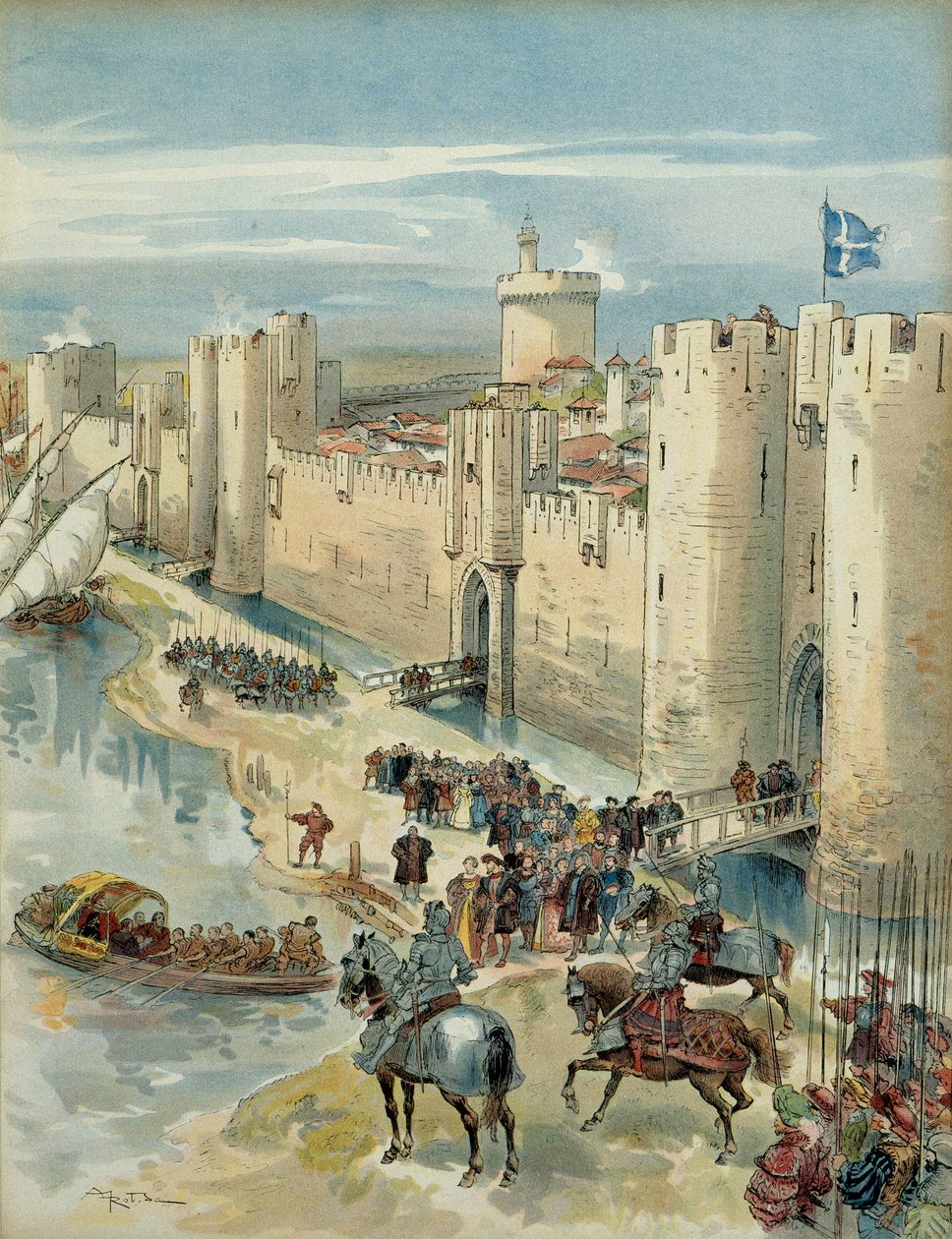 الحرب الإيطالية الثامنة (1536-1538): مقابلة مع Aigues Mortes (أو treve of Aigues Mortes) في 14 يوليو 1538 ، لقاء بين فرانسوا الأول (1494-1547) ، ملك فرنسا وتشارلز الخامس (1500-1558) ، ملك إسبانيا وإمبراطور الإمبراطورية الرومانية المقدسة الجرمانية. المصور بواسطة ألبرت روبيدا