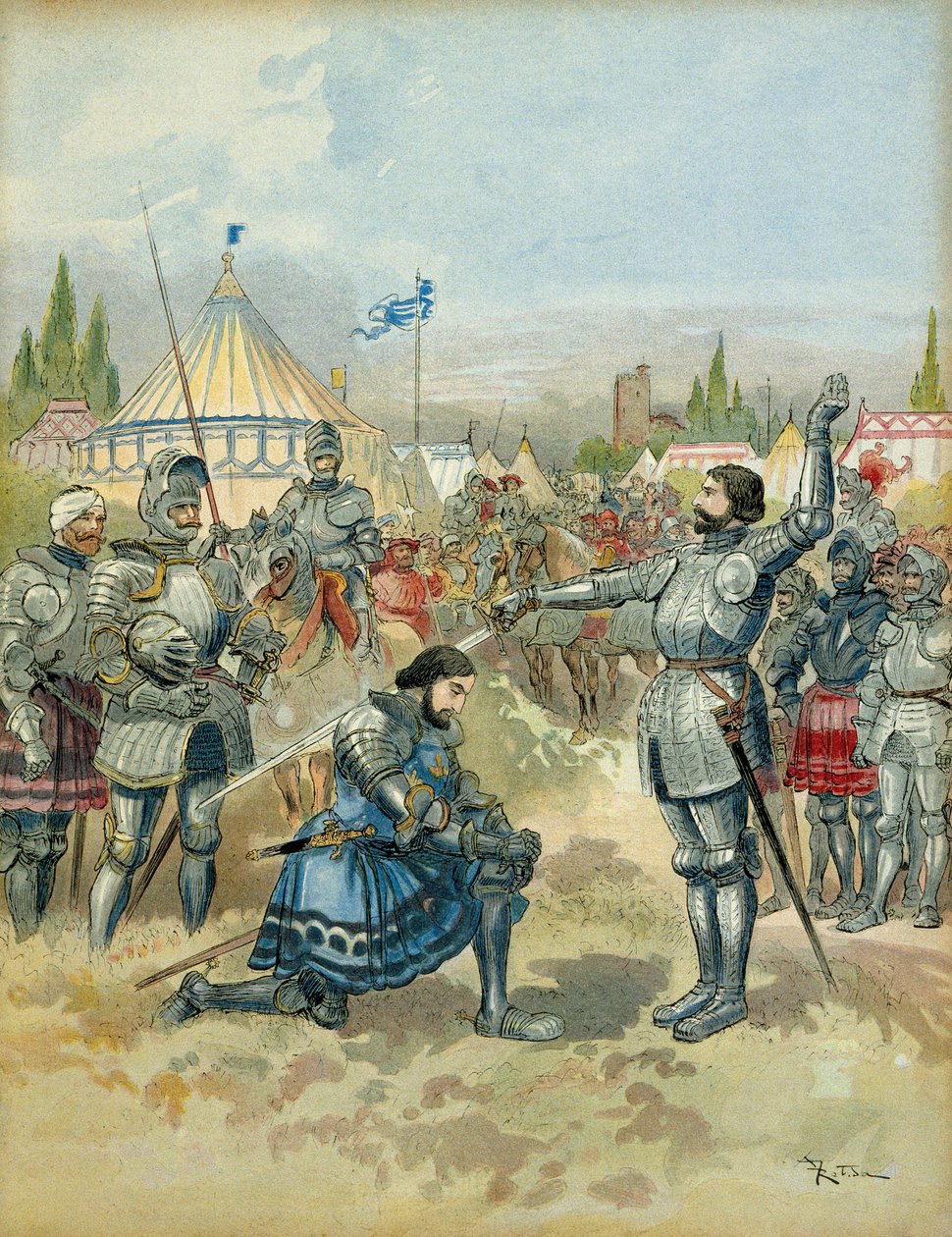 الحرب الإيطالية الخامسة (1515-1516): بيير تيرايل دي بايارد (1476-1524) درع فرانسوا الأول (1494-1547) فارسًا بعد معركة ماريجنان (ماريجنانو) (إيطاليا) ، مساء يوم 14 سبتمبر 1515. بواسطة ألبرت روبيدا