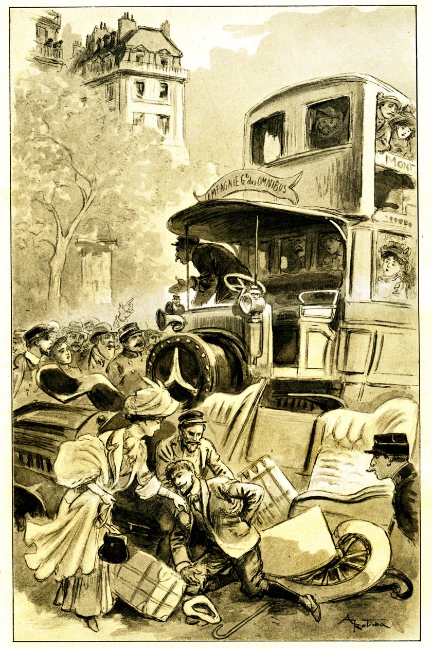 رسم توضيحي لألبرت روبيدا (1848-1926) لكتاب ليون بيرثولت quot;Le Record du Tour du mondequot;، طبعة مامي لأول مرة في القرن العشرين (1911) - حادث مروري في باريس حوالي عام 1900: اصطدمت سيارة بحافلة شاملة. أصيب السائق - بواسطة ألبرت روبيدا