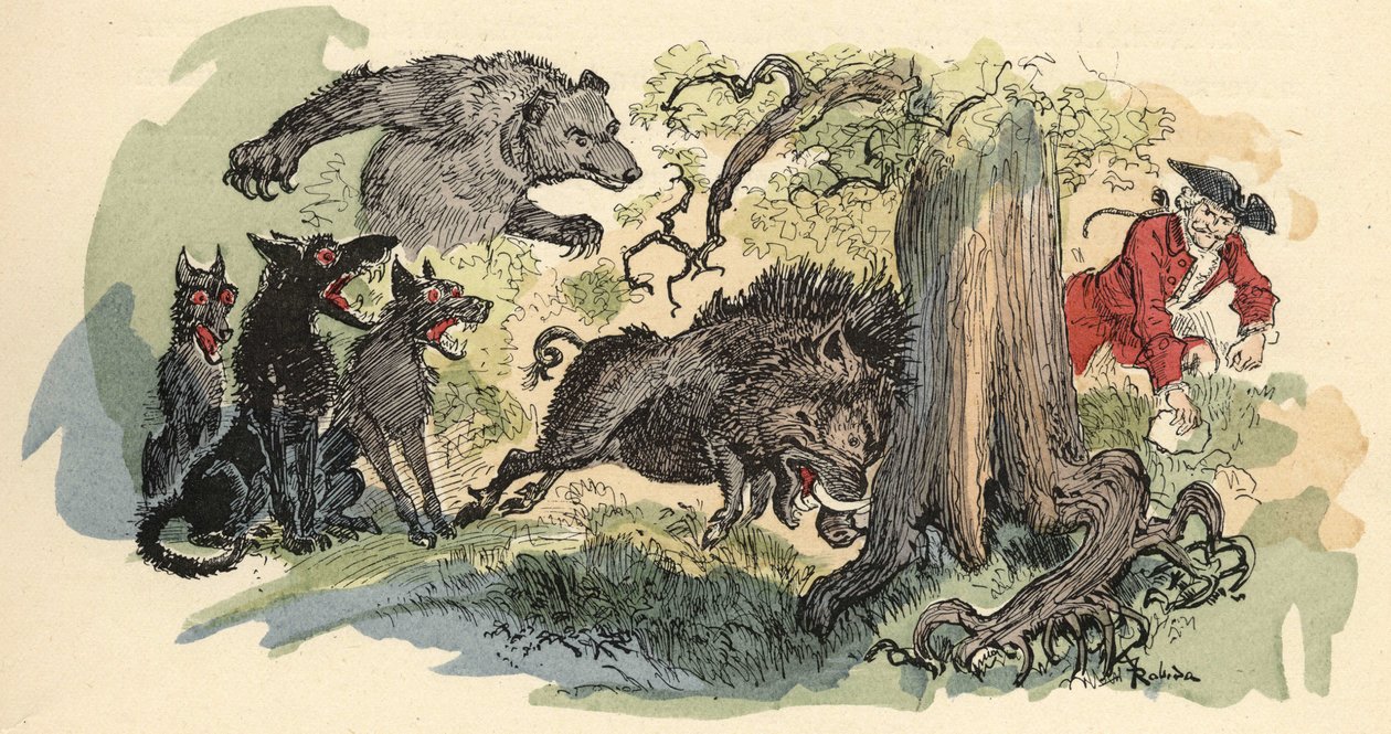 رسم توضيحي لألبرت روبيدا في "" تاريخ ومغامرات البارون دي مونتشاوسين "(Munchhausen) ، H. Laurens Ed. ، أواخر القرن التاسع عشر." بواسطة ألبرت روبيدا