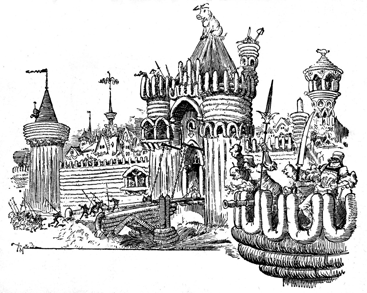 لا سيتي دي أنجويلز. أسوار المدينة مصنوعة من قطع اللحوم الباردة (السجق والحلوى)، ويجلس خنزير ضخم على سطح برج بوابة المدخل. رسم توضيحي لألبرت روبيدا (1848-1926) لحلقة من الكتاب الرابع لفرانسوا رابليه - L بواسطة ألبرت روبيدا