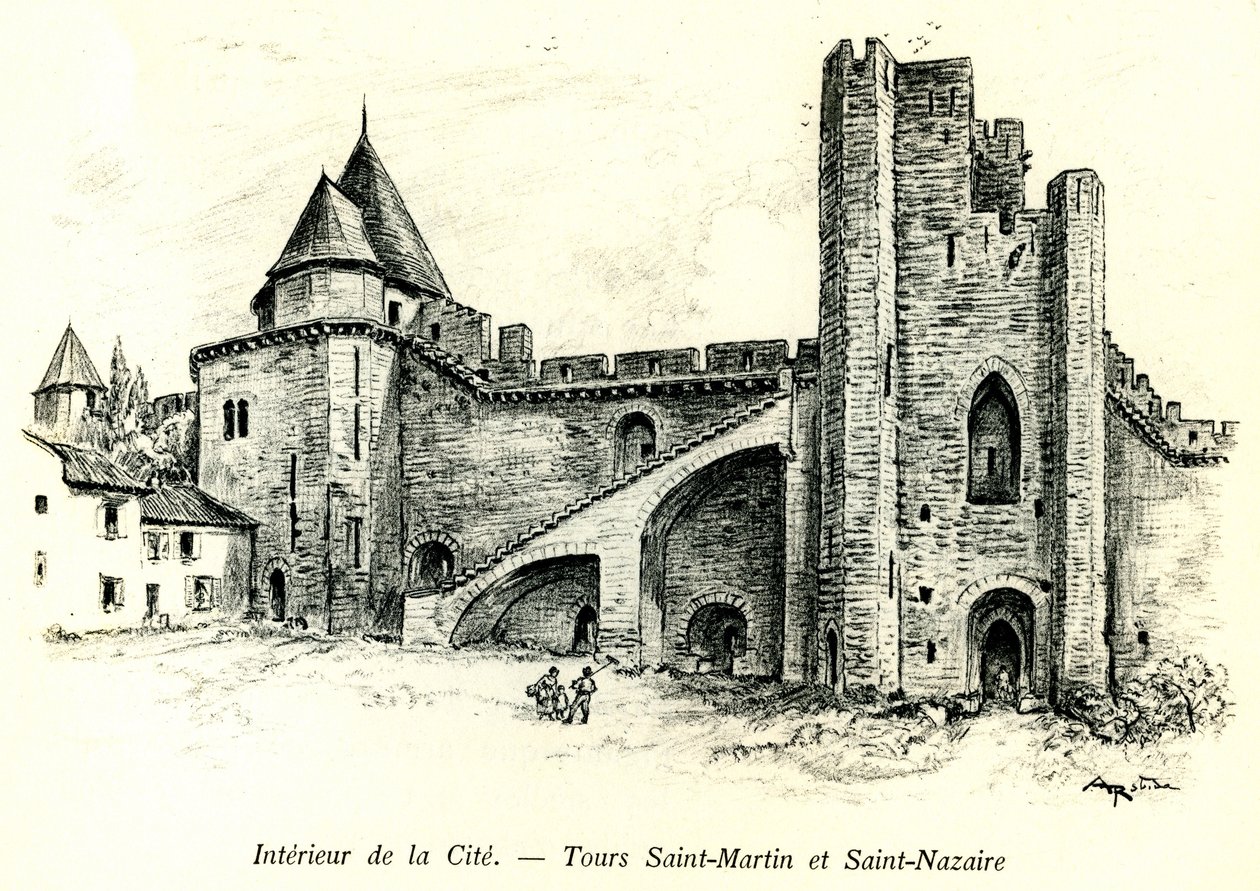 القرون الوسطى Cite de Carcassonne (Aude، Languedoc، Pays Cathare) - جولات في سانت مارتن (سانت مارتن) وسانت نازير (سان نازير) مع منازل مبنية على الأسوار - نقش رومانسي لألبرت روبيدا (1848-1926) في كتاب نُشر في beginnin بواسطة ألبرت روبيدا