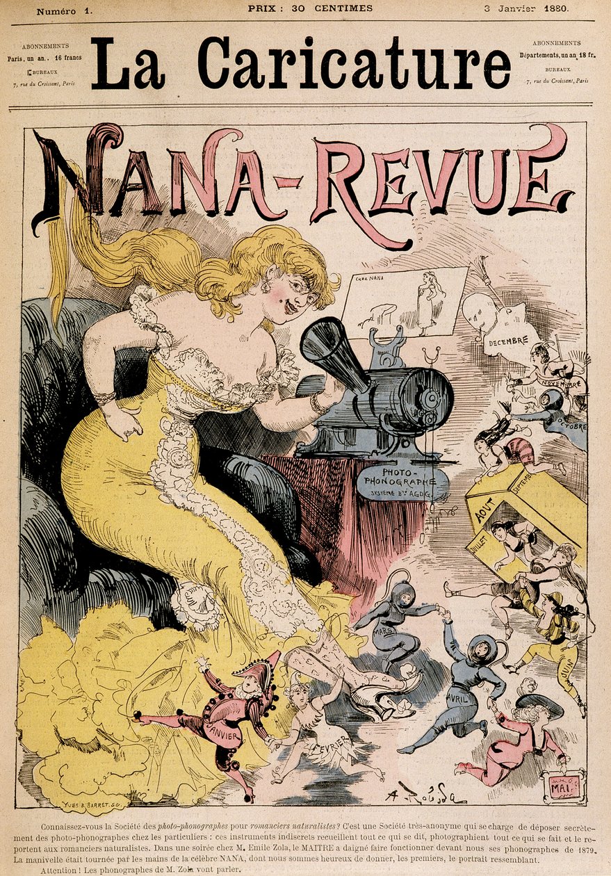 نانا ريفيو: كارتون عن زولا وعملها "نانا" لروبيدا - في "La Caricature" "" من 03/01/1880 بواسطة ألبرت روبيدا