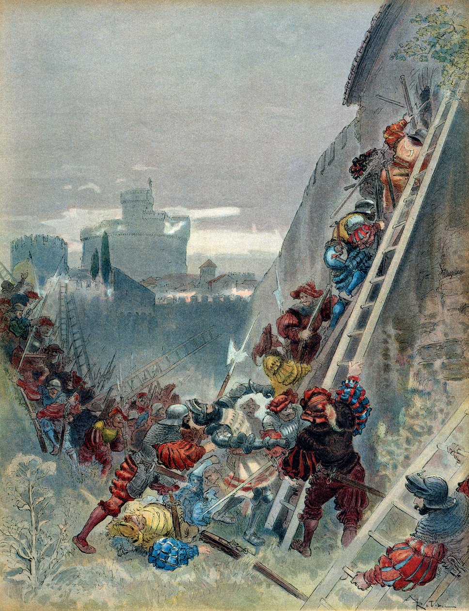 الحرب الإيطالية السابعة (1526-1529): وفاة تشارلز الثالث ملك بوربون (1490-1527) عند حصار روما في 6 مايو 1527. رسم توضيحي بواسطة ألبرت روبيدا