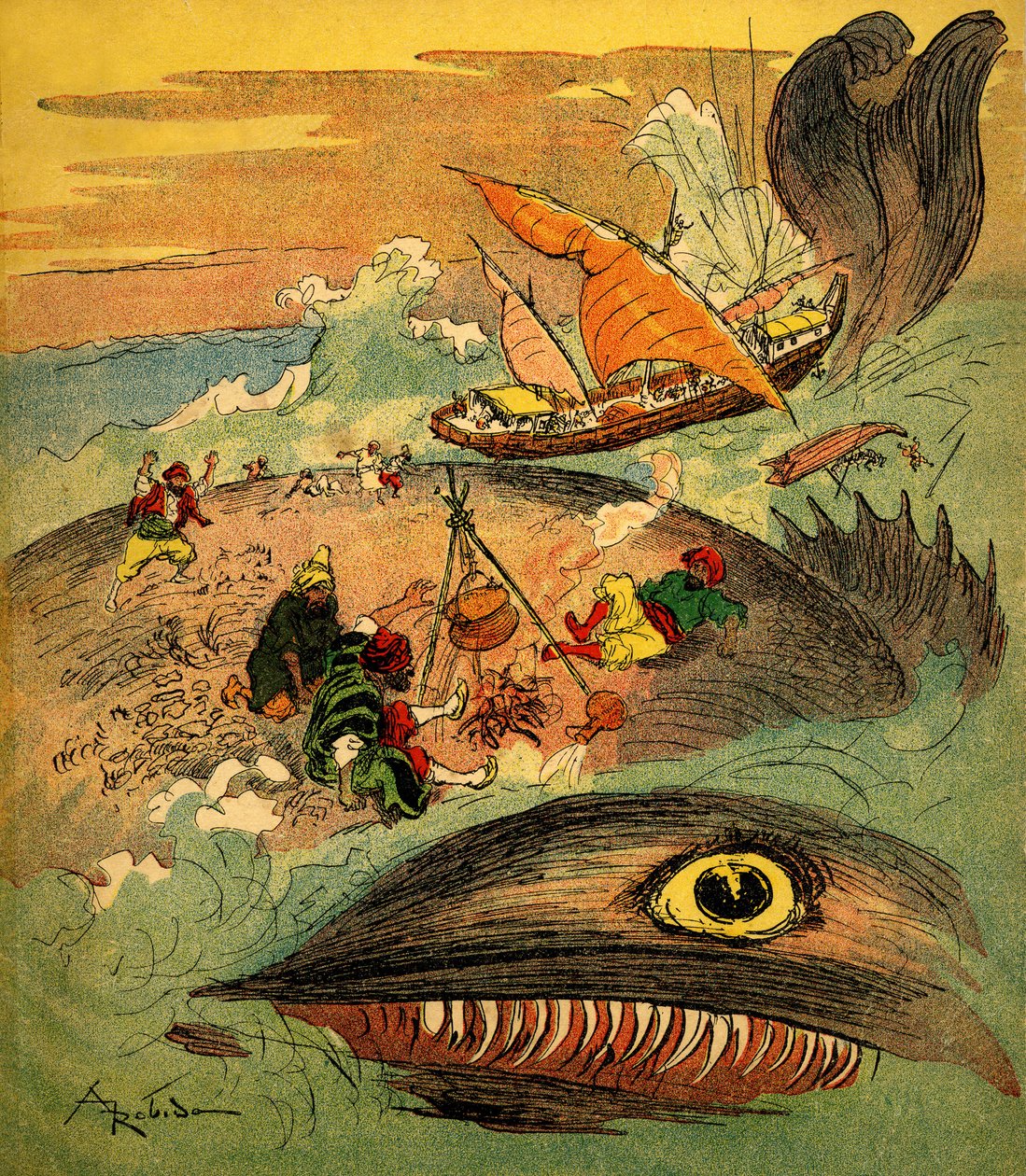 السندباد البحار (سندباد) - قصة ألف ليلة وليلة (1001) - كتاب 1948 يحكي مغامراته (طبعة فورتين، مجموعة التصوير الرائع للطفولة) - رسم لألبرت روبيدا (1848 - 1926): السندباد ورفاقه قد فشل بواسطة ألبرت روبيدا