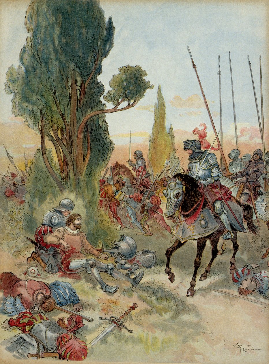الحرب الإيطالية السادسة (1521-1526): وفاة بيير تيرايل دي بايارد (1476-1524) ، الذي أصيب بضربة أركويبوس في ريبيك (إيطاليا) ، في عام 1524 ، واجهه تشارلز دي مونبنسير ، المتصل من بوربون (1490-1527) . توضيح بواسطة ألبرت روبيدا