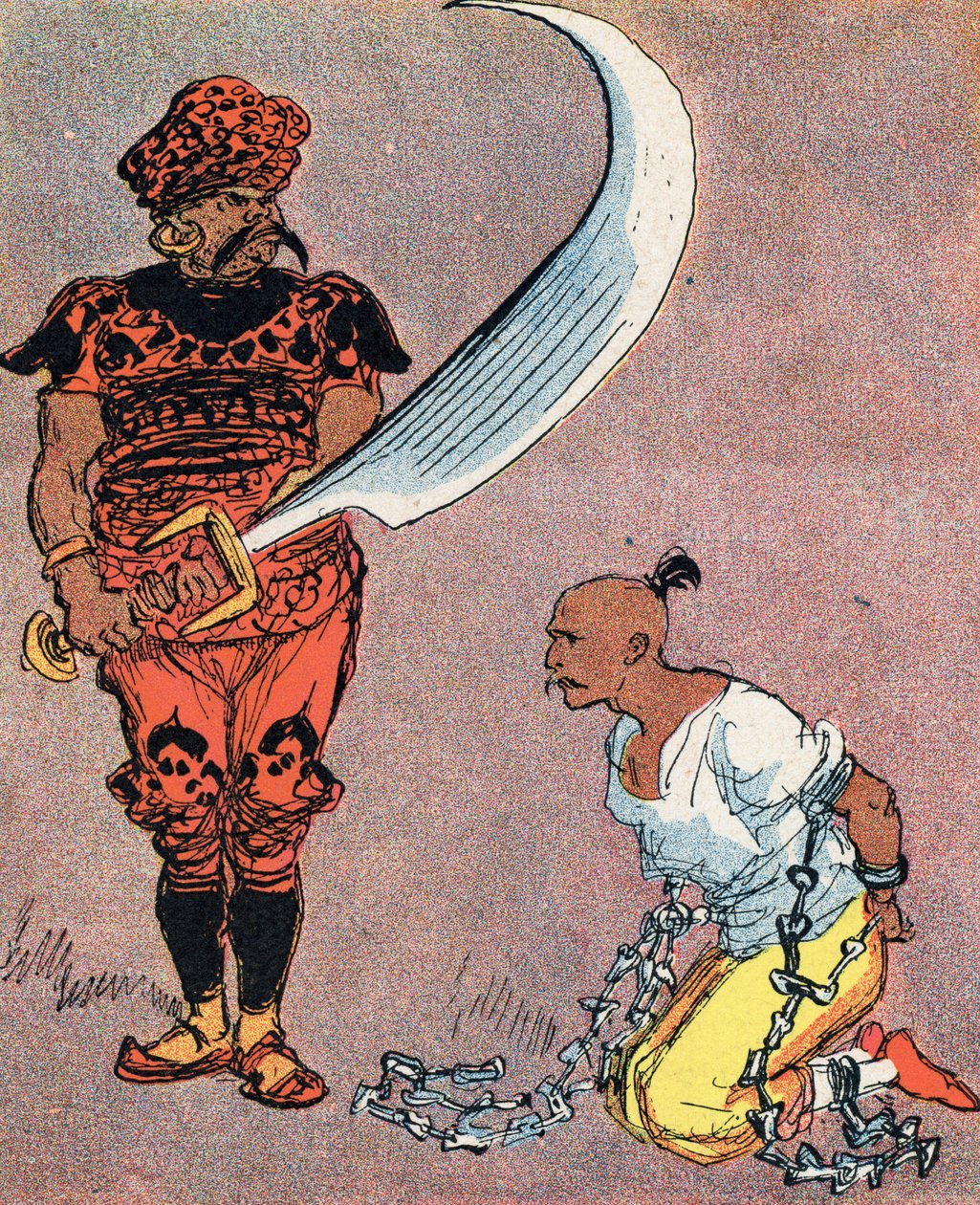 يأمر سلطان بقطع رأس علاء الدين من الرسم التوضيحي لألبرت روبيدا (1848-1926) عن حكاية "علاء الدين والمصباح الرائع" في "" les mille et une nuits "(رسم توضيحي لقصة" "علاء الدين" في "كتاب ألف ليلة وليلة أو" العربي بواسطة ألبرت روبيدا