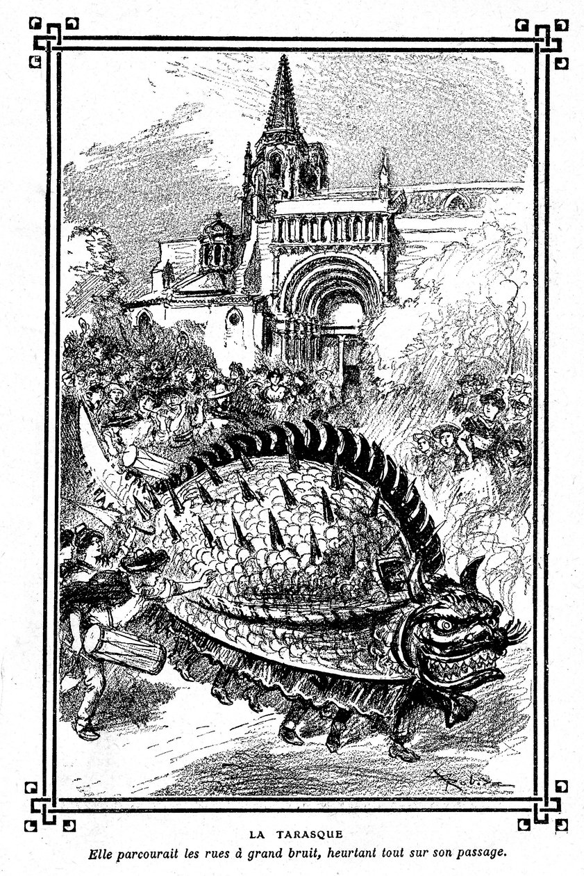 Tarascon#39;s Tarasque، الوحش الرائع للفولكلور في بروفانس: رسم توضيحي لألبرت روبيدا للكتاب المدرسي quot;اختيار القراءاتquot; بقلم ميرونو، مكتبة أرماند كولين 1911 - بواسطة ألبرت روبيدا