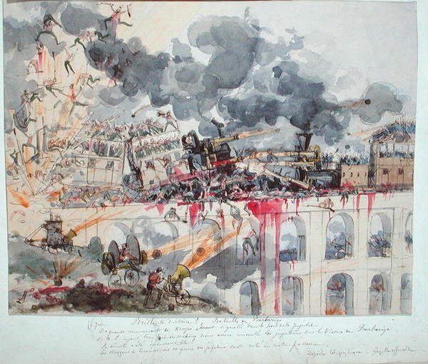 معركة بارباريغو ، من La Guerre au XXeme Siecle (ألوان مائية على الورق) بواسطة ألبرت روبيدا