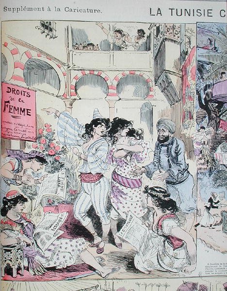 "حقوق المرأة" في تونس ، كارتون من Le Caricature 1883 (ليثو ملون) بواسطة ألبرت روبيدا