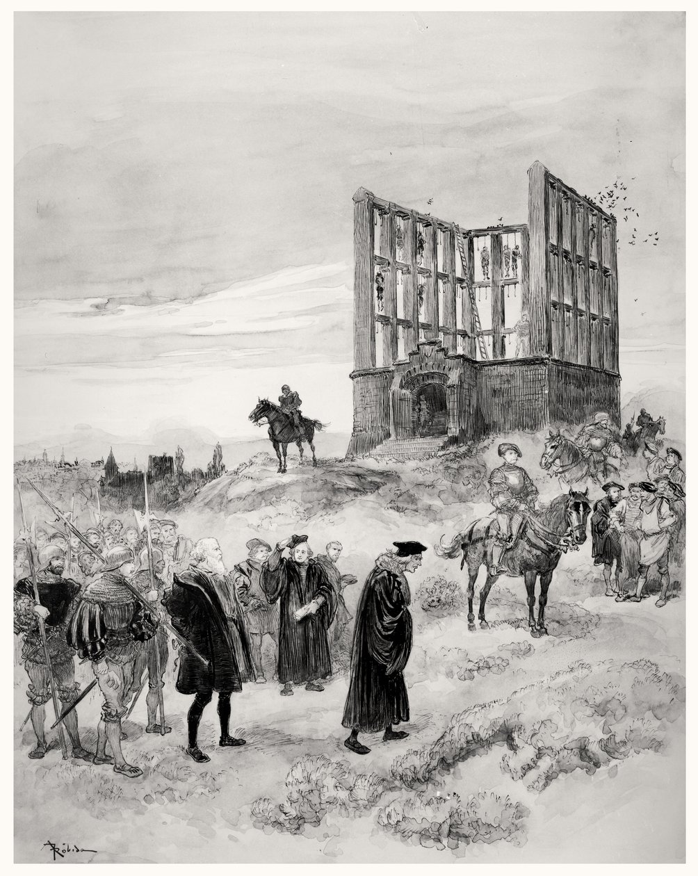 حكم على المشرف العام جاك دي سمبلانكي (حوالي 1445-1527) بالإعدام ، وصعودًا إلى مونتفاكون جيبت ، 1909 (مرحاض على الورق) بواسطة ألبرت روبيدا