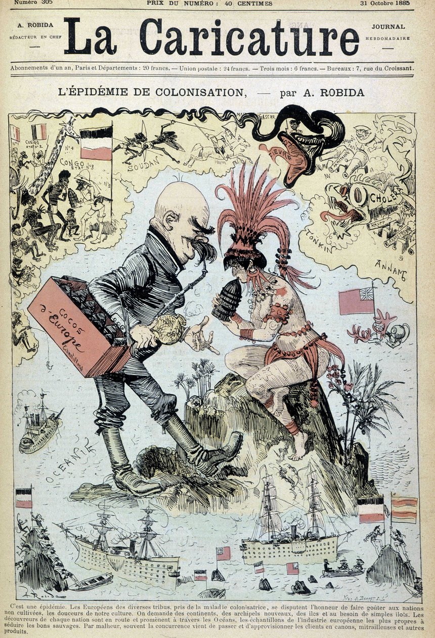 وباء الاستعمار: رسم مناهض للاستعمار بواسطة روبيدا - في "La Caricature" في 31/10/1885 بواسطة ألبرت روبيدا