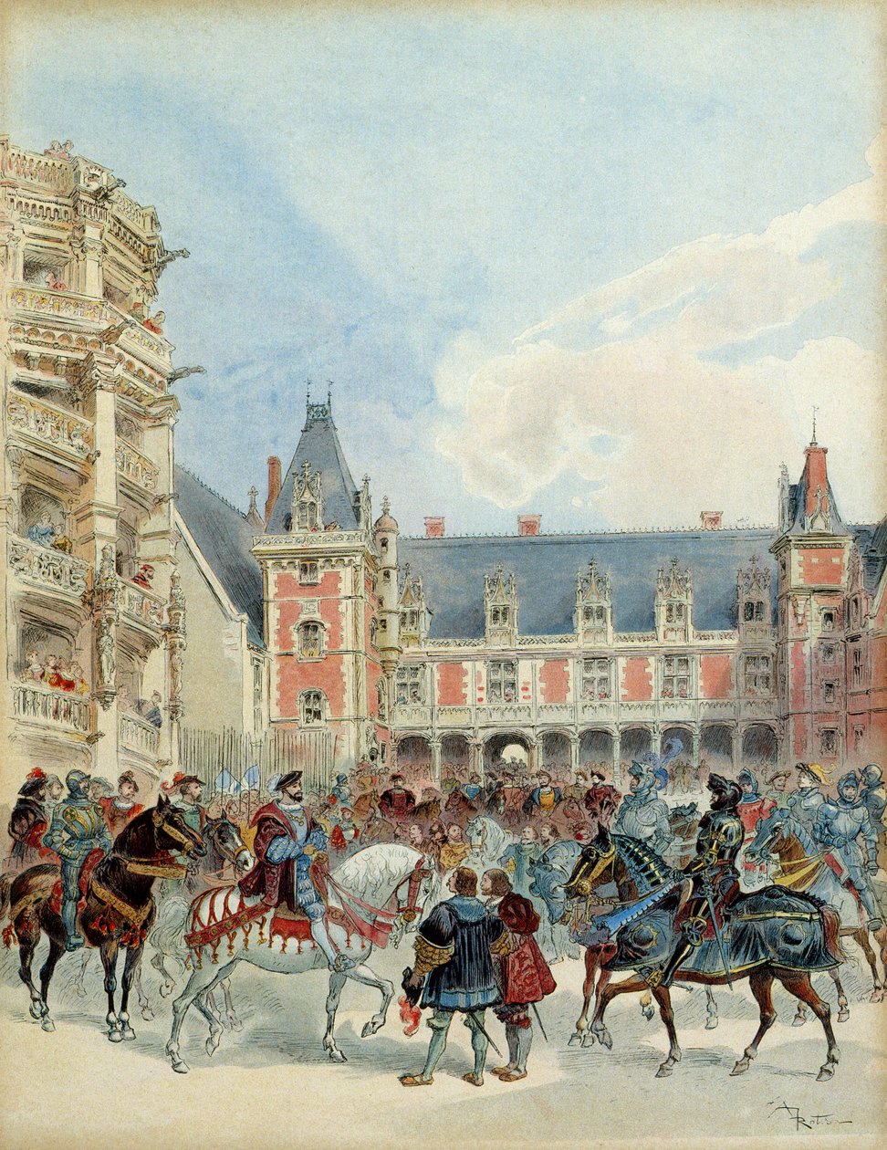 The court of Francois I (1494-1547) at the royal castle of Blois, before 1524. Illustration بواسطة ألبرت روبيدا