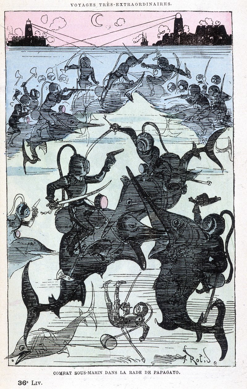 قتال تحت الماء في خليج باباجايو (صيادون يركبون الأسماك) ، محاكاة ساخرة لـ Jules Verne ، "" رحلات غير عادية للغاية لـ Saturnin Farandoul في 5 أو 6 أجزاء من العالم وفي جميع البلدان المعروفة أو غير المعروفة للسيد Jules Verne "بواسطة Robida ، با بواسطة ألبرت روبيدا