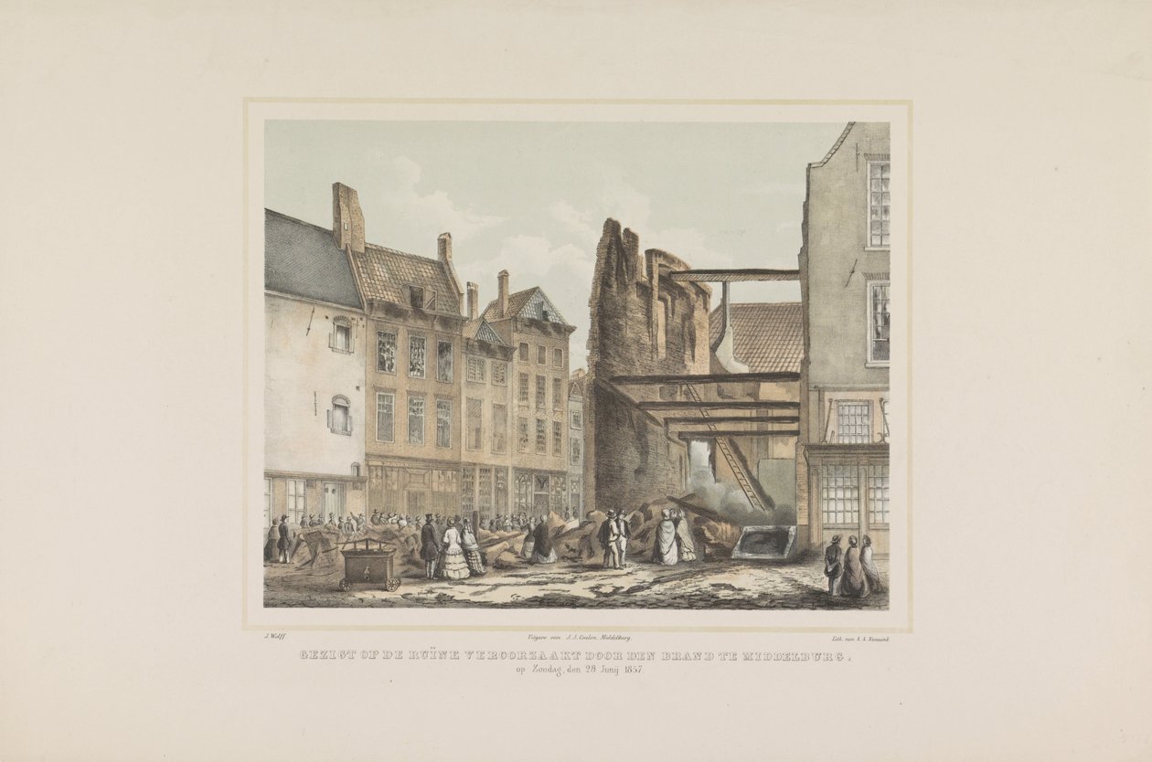 منظر للحطام الناجم عن الحريق في ميدلبورغ. يوم الأحد 28 يونيو 1857. (العنوان على وجوه) بواسطة ألبرتوس أنتوني نونينك