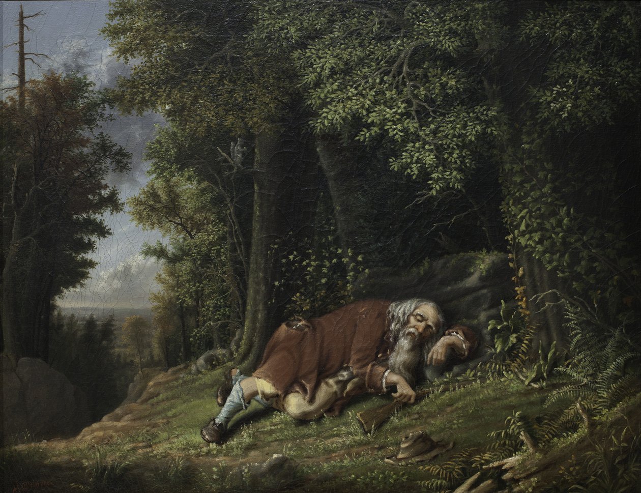 Rip Van Winkle Asleep، 1879-80 (زيت على علب) بواسطة ألبرتوس دو بروير