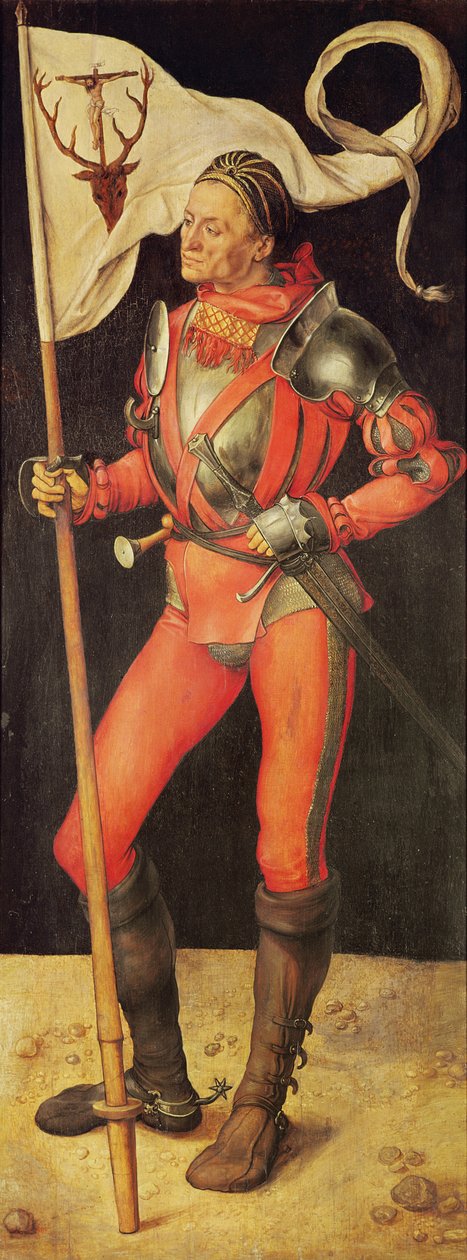 تم تصوير لوكاس بومغارتنر على أنه القديس يوستاس ، اللوحة اليمنى من Paumgartner Altarpiece ، c.1500 (درجة الحرارة على اللوحة) (انظر أيضًا 495745) بواسطة ألبريشت دورر