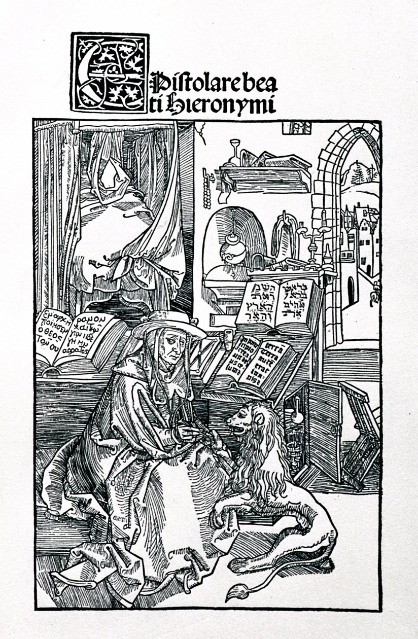 سانت جيروم في دراسته سحب شوكة من مخلب الأسد ، في واجهة لمجموعة من رسائل سانت جيروم ، حانة. 1492 بواسطة ألبريشت دورر