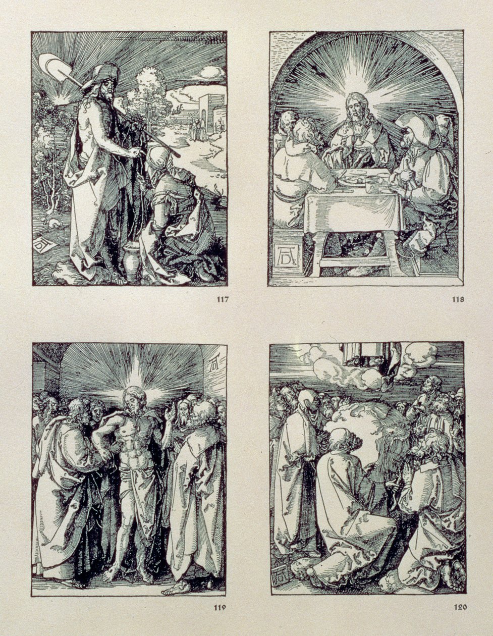 سلسلة "العاطفة الصغيرة": (باتجاه عقارب الساعة) ، يظهر المسيح للمجدلين كبستاني ؛ المسيح في عمواس ؛ المسيح وتوماس الشك ؛ الصعود ، حانة. 1511 بواسطة ألبريشت دورر