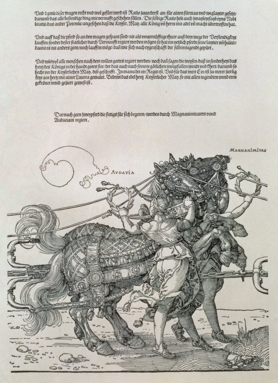 عربة النصر للإمبراطور ماكسيميليان الأول من ألمانيا (1459-1519): تفاصيل فرق الخيول ، مسترشدة بفضلين ، الشهامة والجرأة بواسطة ألبريشت دورر