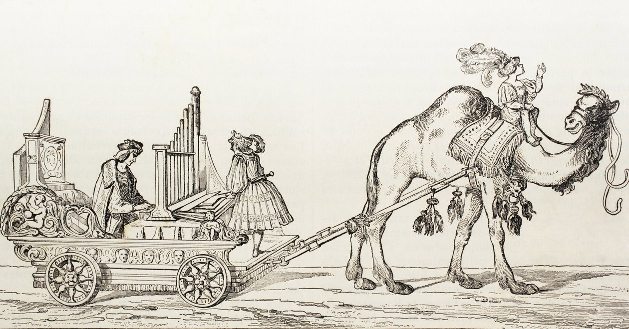 عازف الأرغن بول هوفانر يلعب في عربة رسمها جمل ، حوالي 1880 (نقش) بواسطة ألبريشت (بعد) Durer أو Duerer