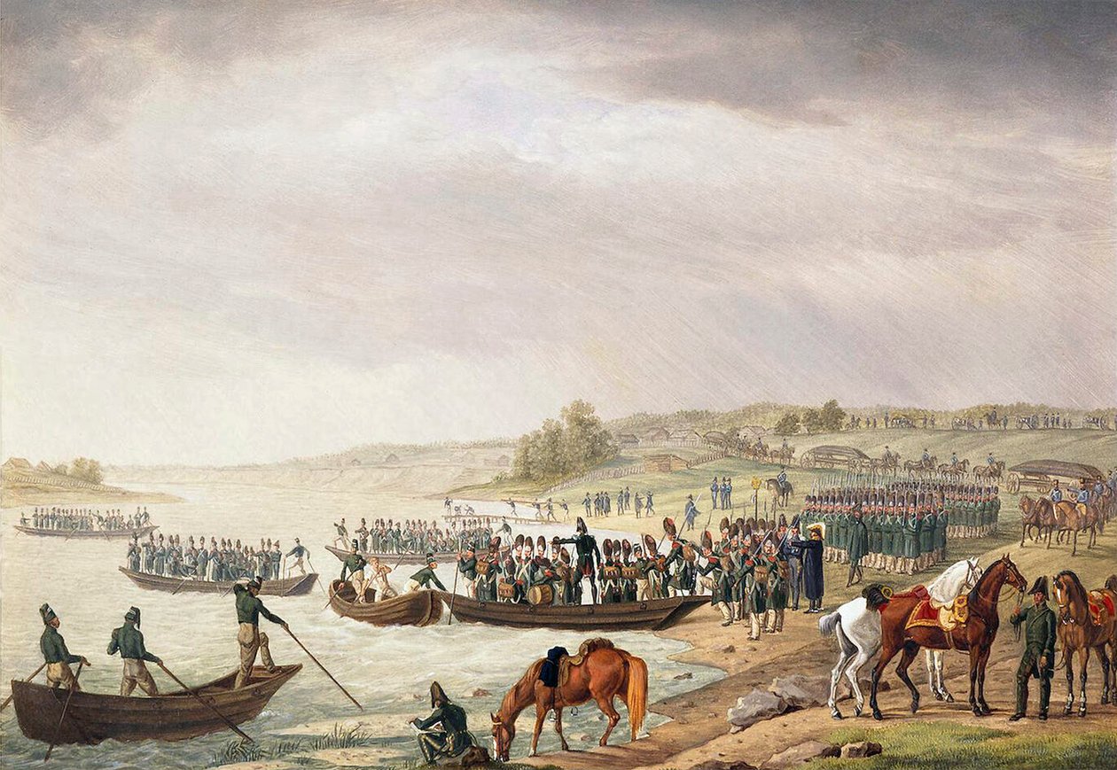 الفيلق الإيطالي يوجين دي بوهارنايس عبور نيمين في 30 يونيو 1812 ، 1815. بواسطة ألبريشت آدم