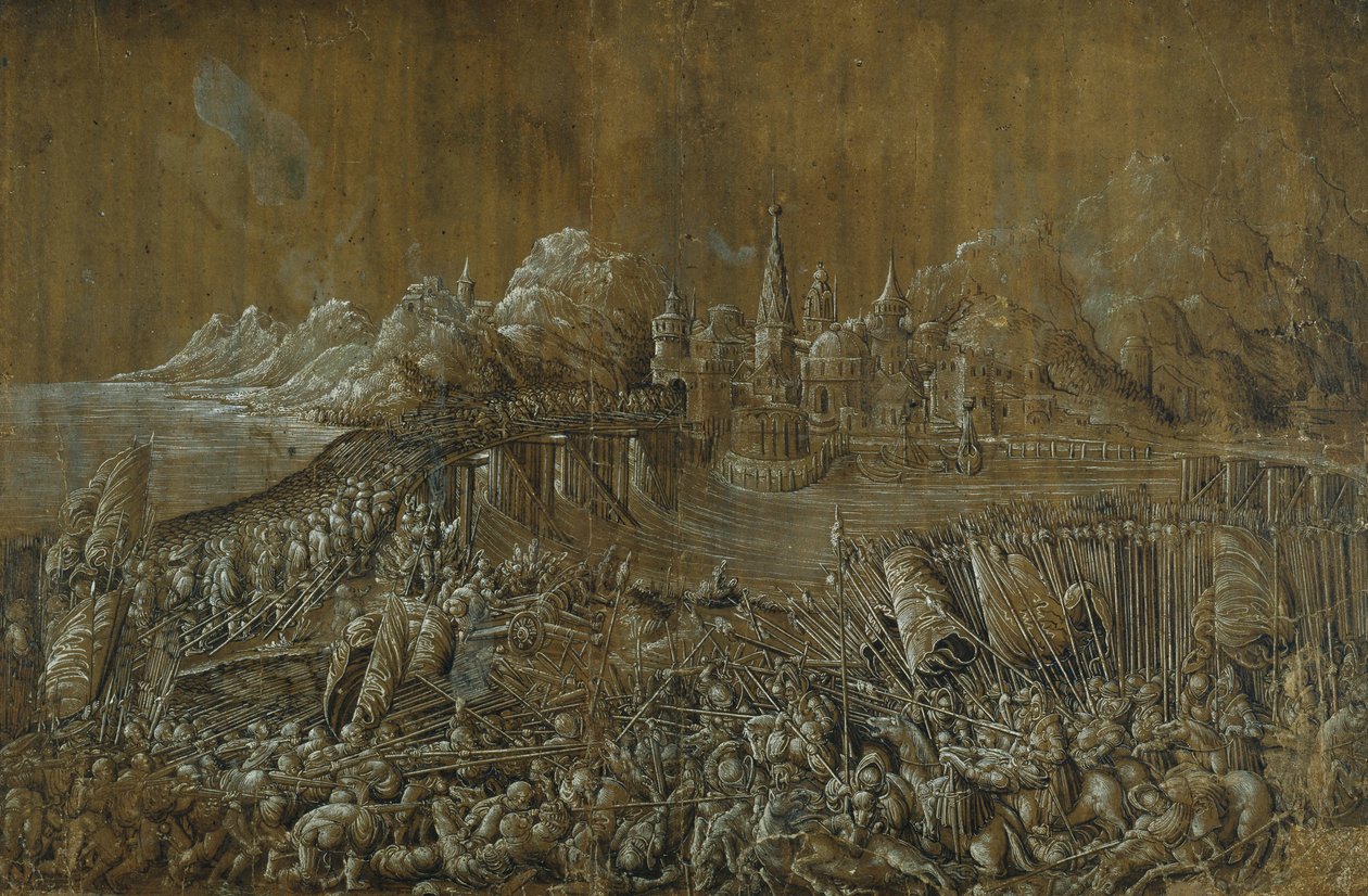 Landaknechten, Battle on a Bridge (pen & ink with gouache on paper) بواسطة ألبريشت التدورفر