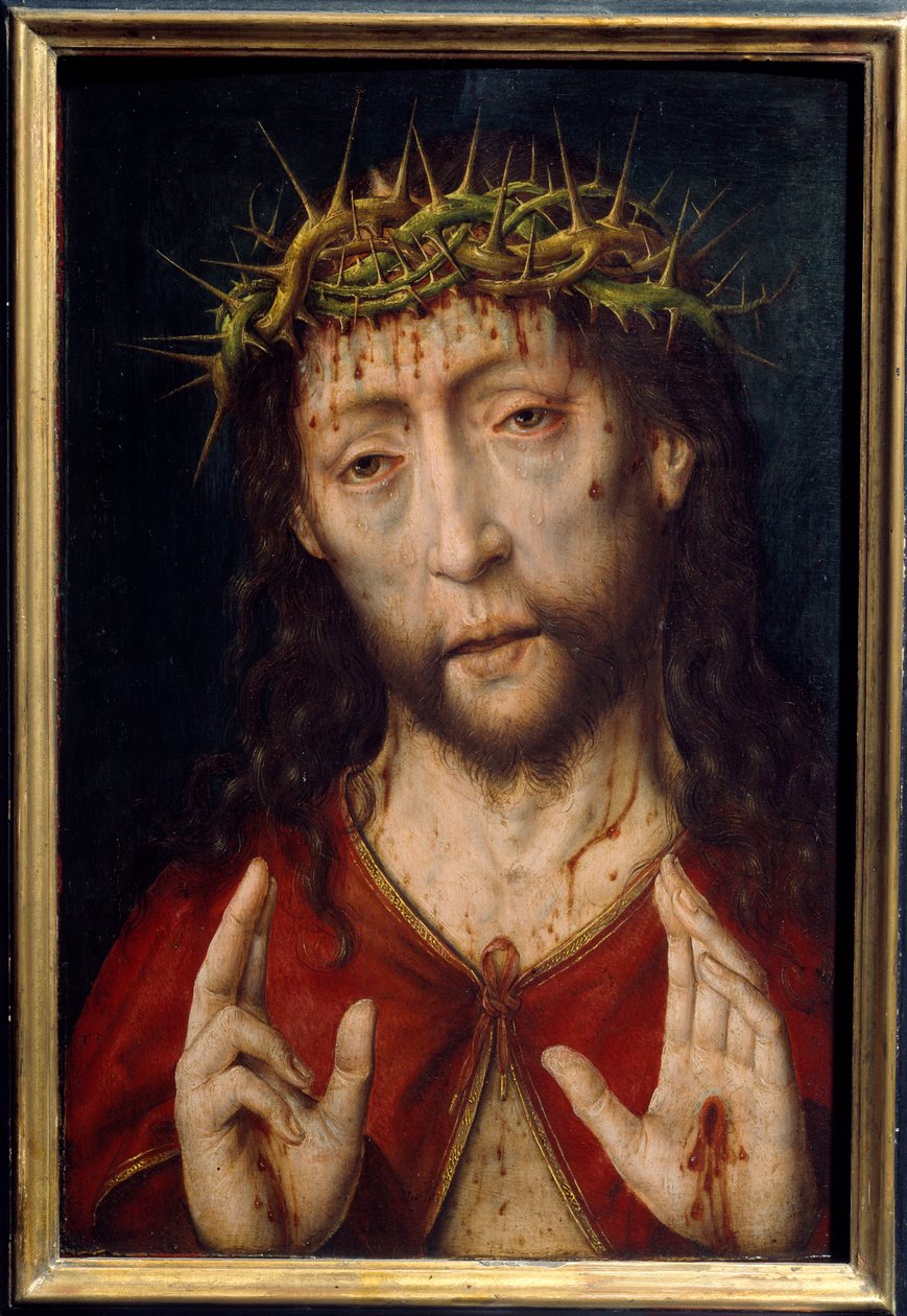 مسيح الألم. وجه المسيح في الدم جروح من تاج الأشواك ووصمات في راحتي اليدين. اللوحة بواسطة ألبريشت بوتس (v.1455-1549) Ec. هول. بواسطة نوبات ألبريشت