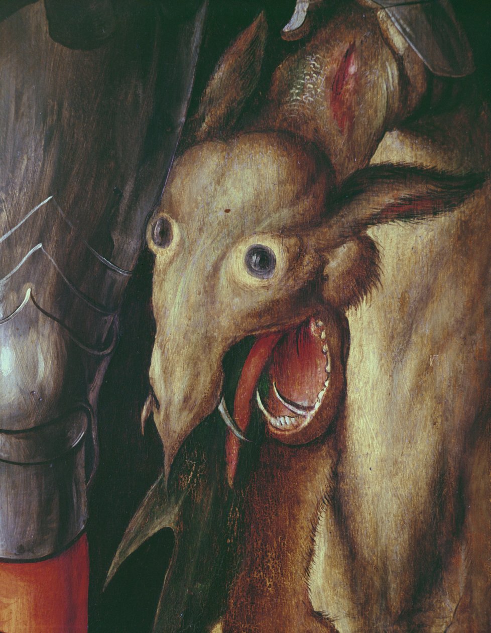 Paumgartner Altarpiece: تفاصيل جناح اليد اليسرى ، يصور رأس التنين الذي هزمه سانت جورج ، c.1500 درجة الحرارة على تفاصيل اللوحة من 495745 بواسطة ألبريشت دورر