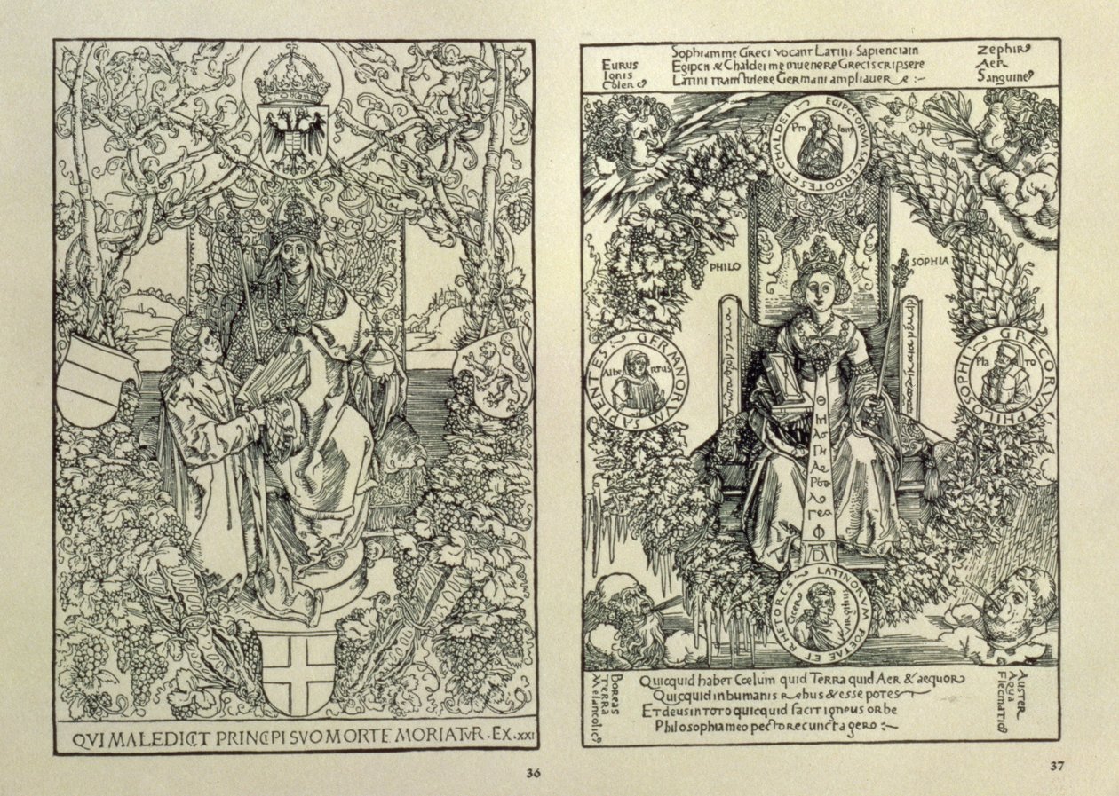 الفلسفة وإمبراطور هابسبورغ ، من حب الكتب الأربعة "بقلم كونراد سيلتيس من نورمبرغ ، 1502 بواسطة ألبريشت دورر