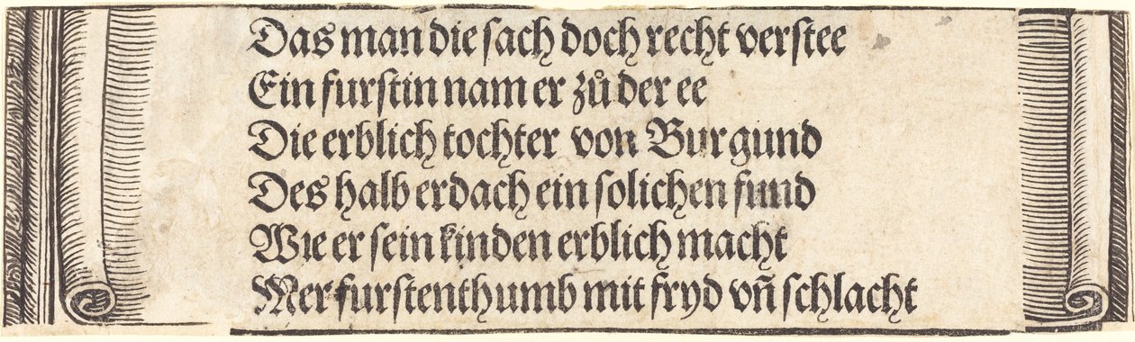 نص مطبوع لـ The Betrothal of Maximilian with Mary of Burgundy ، 1515. بواسطة ألبريشت دورر