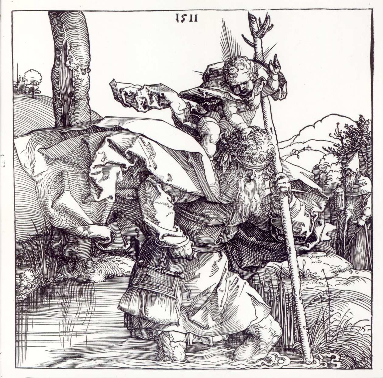 القديس كريستوفر الذي يحمل المسيح الرضيع ، 1511 (نقش خشبي) (صور من وزن الجسم) بواسطة ألبريشت دورر