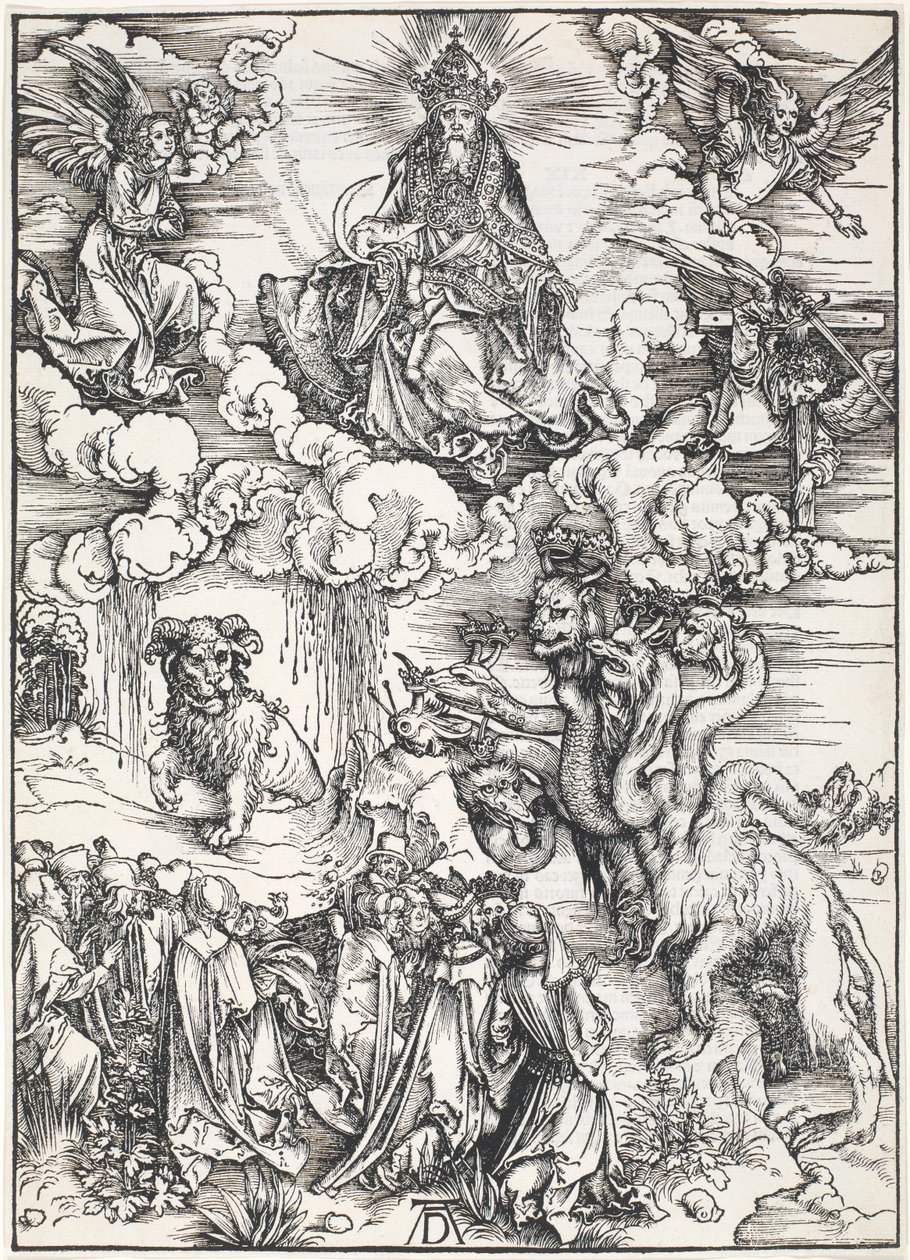 الوحش ذو الرؤوس السبعة والوحش مع قرون الحملان ، من نهاية العالم للقديس يوحنا ، 1496-1498 بواسطة ألبريشت دورر