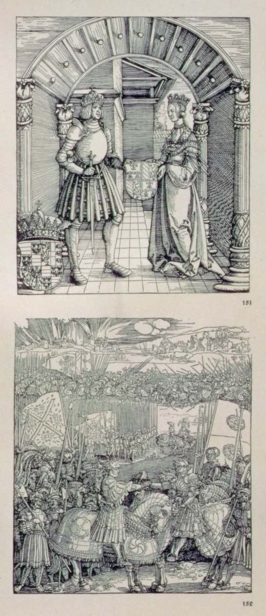 قوس النصر للإمبراطور ماكسيميليان الأول من ألمانيا (1459-1519): تفاصيل توضح لوحتين موضوعتين فوق البوابة اليسرى تصور (أعلى) ماكسيميليان الأول وزوجته الأولى ماري بورجندي (1457-82 بواسطة ألبريشت دورر