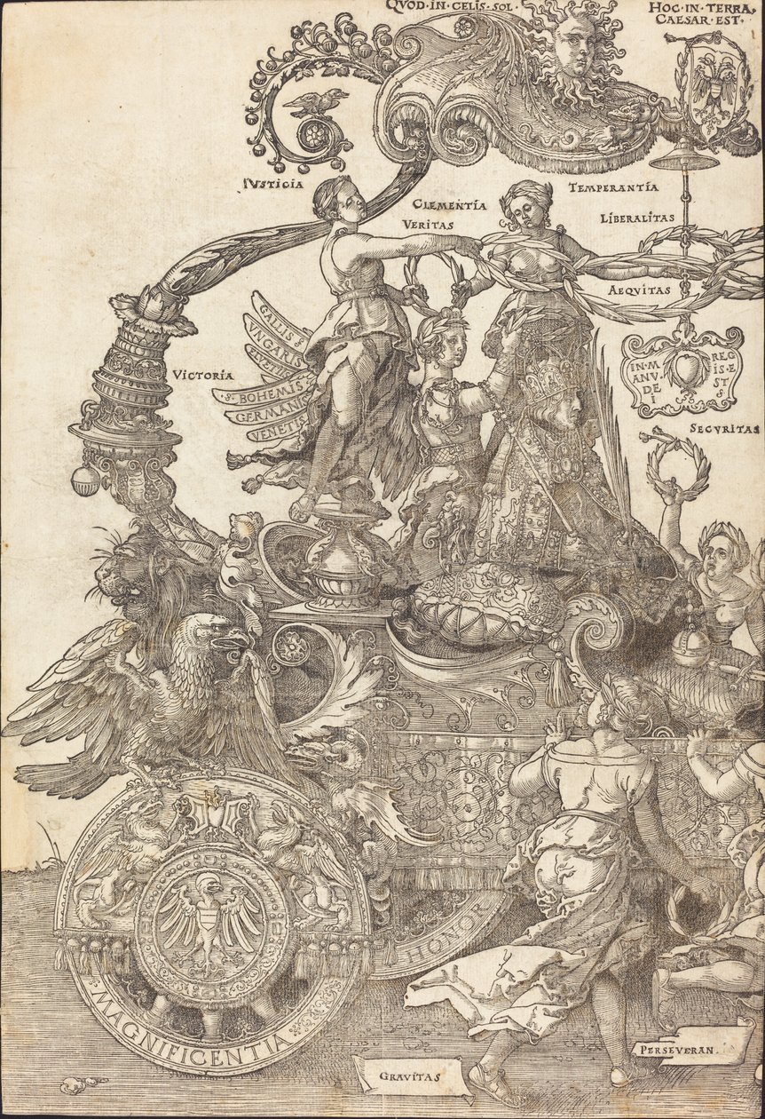 عربة النصر لـ Maximilian I The Great Triumphal Car [اللوحة 1 من 8] ، الطبعة اللاتينية 1523. بواسطة ألبريشت دورر