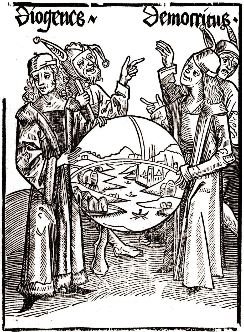 Diogenes (-413 - -327) و Democritus (-460 - -370) - في "" Das Narrenschif (قارب الحمقى) "لسيباستيان براندت (1458 - 1521). نقش. بواسطة ألبريشت دورر