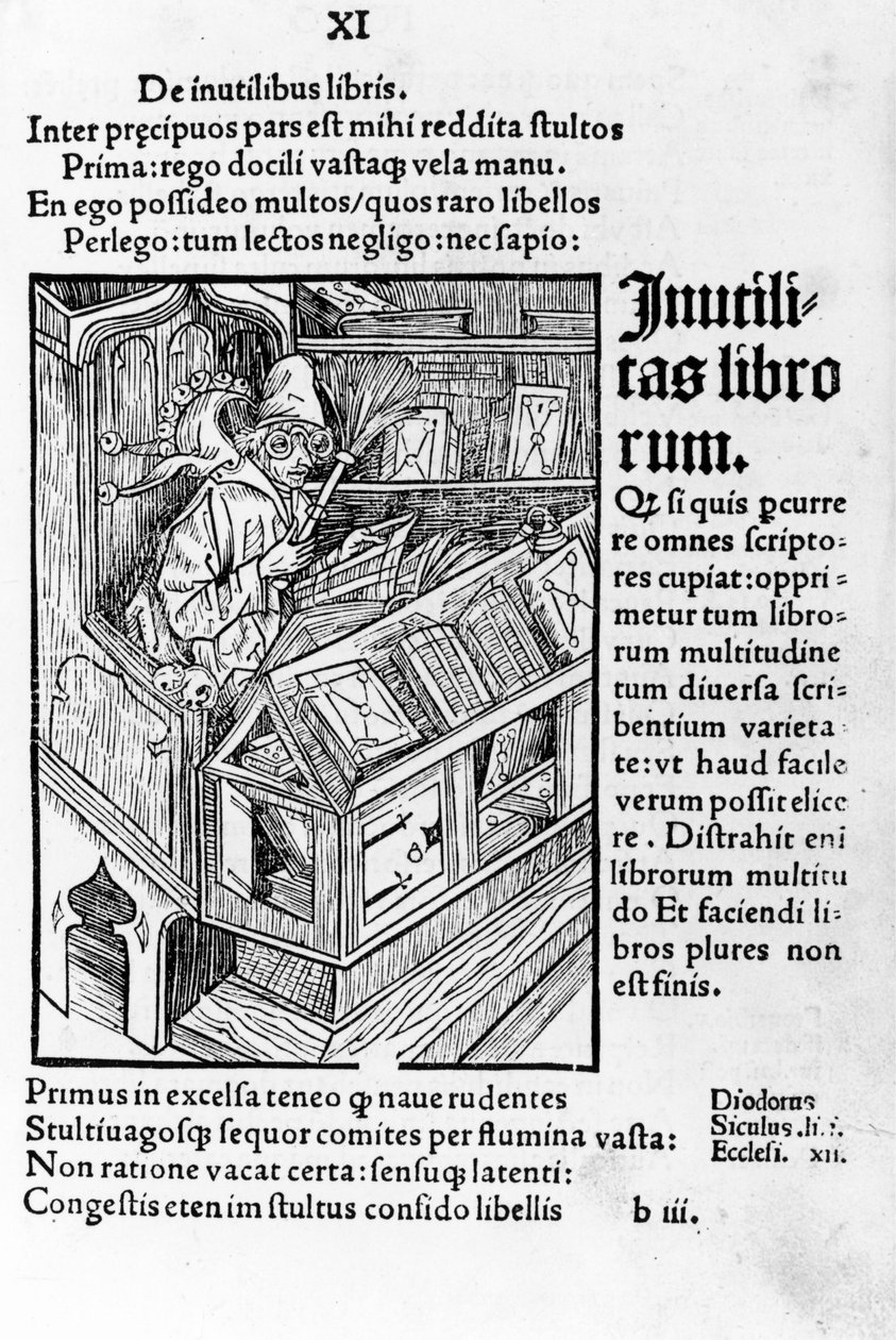 سافانت في مكتبه. إنه يرتدي زوج من النظارات. Xylography of Durer ، das narrenschiff بواسطة سيباستيانو براندت. بواسطة ألبريشت دورر